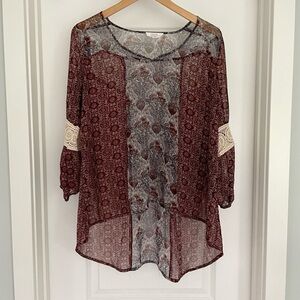 Sun & Shadow Boho Semi Sheer Embroidered Top Size Large